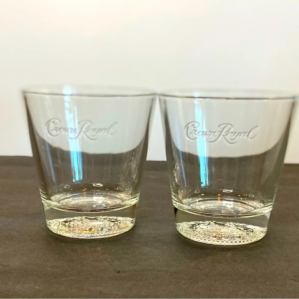SET of 2 Crown Royal Whiskey Lowball Glass Tumblers Embossed